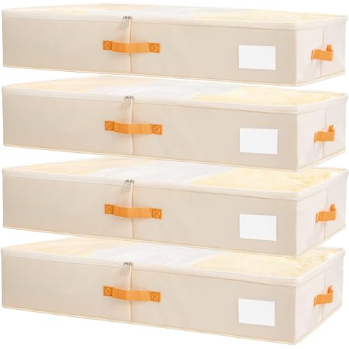 Criusia Under Bed Storage Bins with Clear PVC Lids – 4 Pack Large Underbed Organizers with Heavy-Duty Handles, Reinforced with 800G PP Panels & 80G Non-Woven Fabric – Waterproof & Foldable, Beige - color: 4 Pack Beige