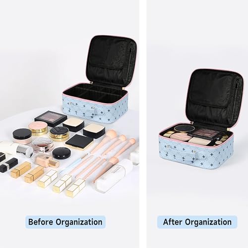 M Y U R E N Travel Makeup Bag,Waterproof Cosmetic Organizer, Adjustable Dividers,Portability Cosmetic Train Case,Makeup organizer,Gift for Women,Girls Gift (Blue+Pink) - color: Blue+Pink
