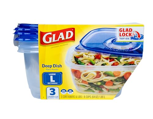 Glad GladWare Deep Dish Food Storage Containers with Lids, Large Rectangle BPA Free Plastic for Soups Salads and Meal Prep, Lock Tight Seal, Microwave Dishwasher Safe, 64 Oz, 3 Count - size: 64 oz - 3 Count, style: Rectangle