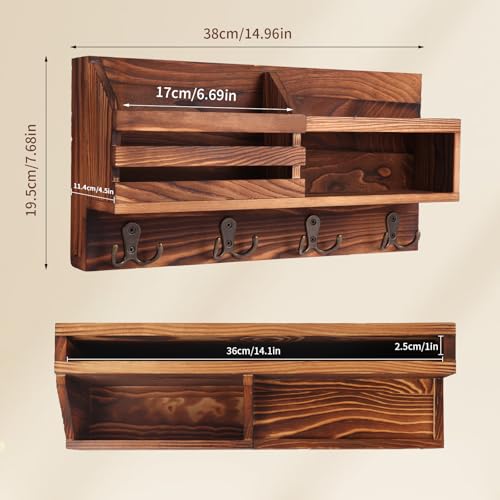 Key and Mail Holder for Wall, Mail Organizer Wall Mount with Shelf, Farmhouse Entryway Decor for Organizing A4 Bags,Wallet, Dog Leash, Sunglass (Brown)