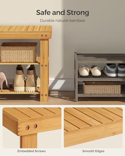 SONGMICS Shoe Rack Bench, 3-Tier Bamboo Shoe Storage Organizer, Entryway Bench, Holds Up to 286 lb, 11.3 x 35.4 x 17.8 Inches, for Entryway Bathroom Bedroom, Natural ULBS90N - color: Natural, size: 35.4"W