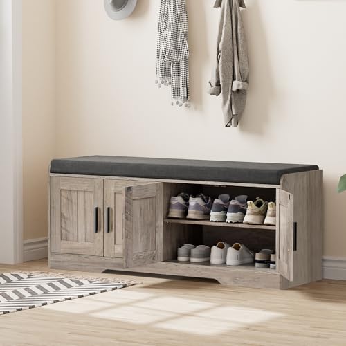 Homleke 2-Tier Storage Bench, Shoe Bench with Thickened Padded Seat Cushion, Entryway Bench with 4 Doors, Adjustable Shelf, 13.8" D x 45.3" W x 18.5" H, for Entryway, Living Room, Bedroom, Greige - color: Greige, size: 45.3"