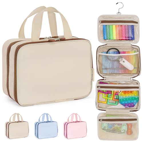 Kids Travel Organizer – Multi-Compartment, Water-Resistant Hanging Bag for Toys, Snacks, & Activities - Compact, Lightweight Design with Hook & Carry Handle - Perfect for Travel Use (Beige, Small) - color: Beige, size: Small
