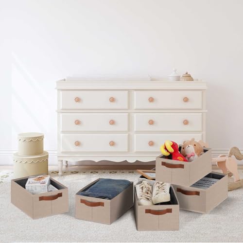 GhvyenntteS Small Fabric Storage Bins 6 Pack, 11.8" x 7.87" x 5.11" Storage Basket with Leather Handles, Closet Storage Bins for Shelves, Storage Baskets for Shelves, DVD Storage (Beige Yellow) - color: Beige Yellow, size: Small-11.8"x 7.87"x 5.11"-6pcs