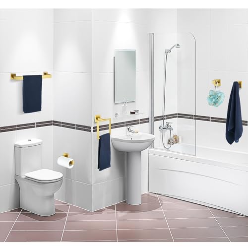 5 Pieces Bathroom Hardware Accessories Set Brushed Gold, 16Inch Bathroom Towel Rack Set SUS304 Stainless Steel, Square Bath Towel bar Set Heavy Duty, Wall Mounted - color: Brushed Gold, size: 16" 5pcs
