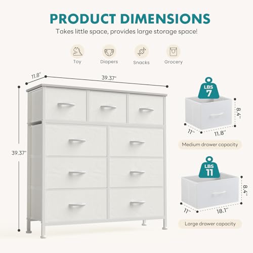OLIXIS 9 Drawer Storage Dresser with Wood Top - Wide Fabric Chest Organizer for Bedroom, Closet, Living Room,Tower Cabinet, TV Stand, Hallway Entryway Furniture,Bright White - color: White, size: 11.8"D x 39.6"W x 39.4"H (9 Drawers)