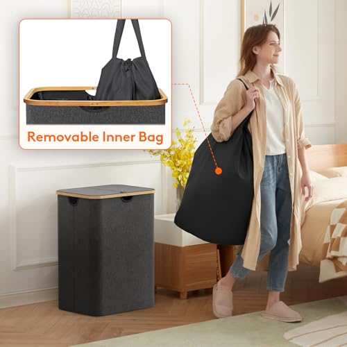 Lifewit 150L Laundry Basket with Lid, Clothes Hampers for Laundry with Bamboo Handles and 2 Removable Bag, Large Foldable Laundry Hamper for Bedroom, Bathroom, Dorm, Laundry Room, Dark Gray - color: Dark Gray, size: 150L