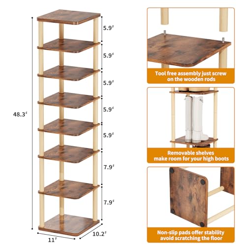 LUCKNOCK Vertical Shoe Rack, 8-Tier Tall Narrow Shoe Organizer for Entryway, Closet, Dorm & Small Spaces, Freestanding Wooden Shoe Shelf Tower for Boots, Sneakers, Heels. (Rustic Brown) - color: Rustic Brown