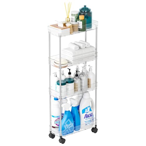 Yieach Clear 4 Tier Slim Rolling Storage Cart with Wheels,6.3″W Thin Shelf,Bathroom Storage Cabinet,Skinny Laundry Cart,Narrow Laundry Room Cart Between Washer and Dryer,Skinny Shelves for Small Space - style: 4 Tier