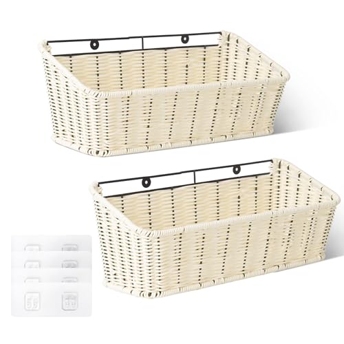 GRANNY SAYS Wicker Hanging Basket, 2 Pack Storage Baskets for Organizing, Adhesive Wall Mount Fruit Basket, Kitchen Organization Hanging Shelves, Storage Cabinet Door Organizer, Off White - color: Off White