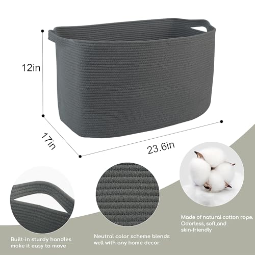 MEGASKET Extra Large Rope Basket, 23.6" x 17" x 12" Rectangle Wicker Baby Laundry Basket, Kids Toy Storage Baskets, Woven Basket for Blankets Clothes Pillows, Laundry Room Organization, Dark Grey - color: Dark Gray, size: 23.6"x17"x12