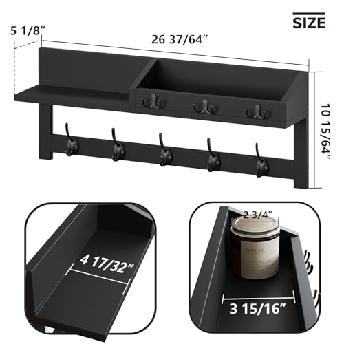 AMBIRD Wall Hooks with Shelf, 26.57 Inch Entryway Wood Coat Hooks for Wall, Coat Rack Wall Mount Rack with 5 Dual Hooks 3 Key Hooks Mail Organizer and Key Rack Key Holder (Black) - color: Black, size: 26.57" L