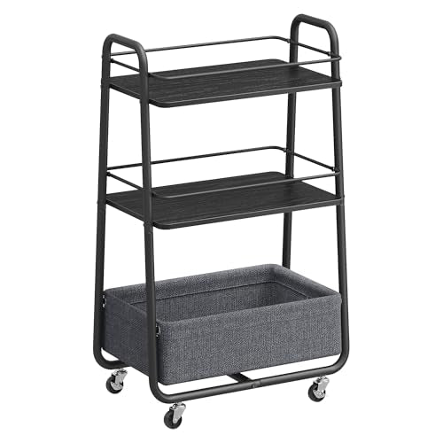 VASAGLE LILEA Collection - Storage Cart with Fabric Basket, 3-Tier Rolling Utility Cart with Wheels and Shelves, for Living Room Bedroom Kitchen, Ebony Black and Slate Gray ULRC001BE02 - color: Ebony Black + Slate Gray, style: 16.9"D x 11.8"W x 31.9"H
