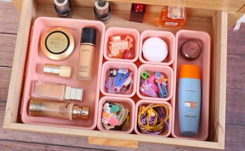 Kutesna 25 PCS Pink Drawer Organizer Set, 4 Size Interlocking Plastic Storage Bins for Office Supplies, Jewelry Makeup Vanity, Bathroom Kitchen, Home Organization Closet, Gadgets Small Items - color: Pink