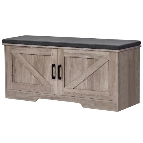 HOMSHO 2-Tier Storage Bench, 39.4" Wide Shoe Bench with Padded Seat Cushion, Entryway Bench with 2 Barn Doors and Adjustable Shelf, Greige - color: Greige, size: 39.4" Wide