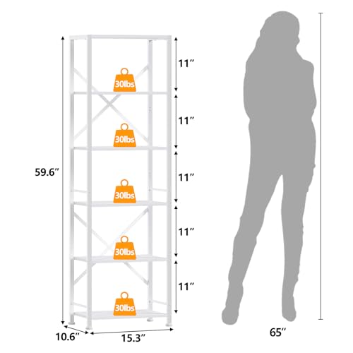 Furologee White Tall Bookshelf, Narrow Bookcase with 6 Shelves, Modern Freestanding Shelf Units, Metal and Wood Display Storage Corner Rack Organizer for Living Room, Home Office, Hallway, Bathroom - color: White, size: 6 Tier - 15.3"W