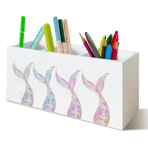 Mermaid Gifts for Girls Women, Pastel Mermaid Beach Pen Pencil Holder Organizer for Desk, Coastal Ocean Wooden Box Block Sign for Home Classroom Dorm Office Tabletop Decor - color: Mermaid tail