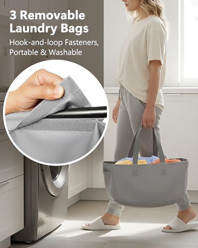 3 Section Laundry Sorter with Removable Bags, 120L Rolling Vertical Laundry Hamper, Stackable Laundry Baskets organizer for Bathroom, Apartment, Dorm (Gray, With Wheel) - color: Gray, size: With Wheel