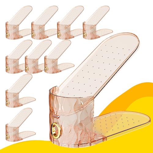 Shoe Slots Organizer, Adjustable 10 Pack Shoe Stacker for Closet Storage, Clear Double Layer Space Saver, Durable and Stackable Shoe Holder for Sneakers Heels and Flat - color: Brown, size: 10