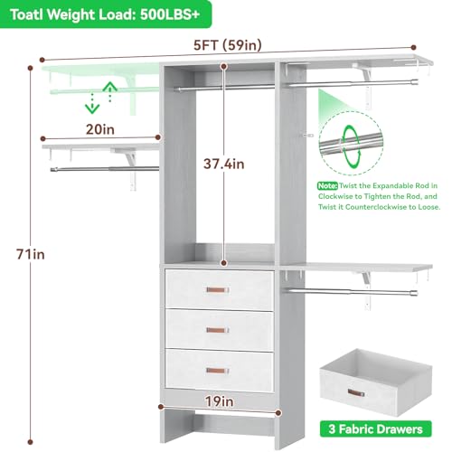 Armocity 5FT Small Closet System with 3 Fabric Drawers, 60 Inches Walk In Closet Organizer System With 3 Adjustable Shelves, Heavy Duty Clothes Rack Built-In Garment Rack, 59" L x 16" W x 71" H, Grey - color: Grey