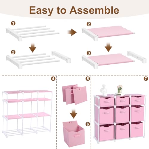 9 Cube Storage Organizer Shelf with Storage Bins and Label, 11 Inch Toy Cube Bins Clothes Closet Organizers Drawers Fabric Dresser for Living Room, Bedroom, Playroom, Dorm(Pink) - color: Pink