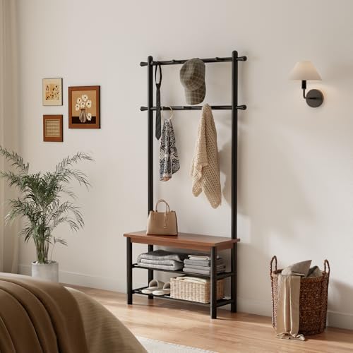 Coat Rack with Shoe Storage, Wood and Metal Frame, Entryway Hall Tree with Bench, Featuring 11 Hooks and 2-Tier Storage Shelves, 3-in-1, Entry Bench with Coat Rack (31.5" Walnut) - size: 80