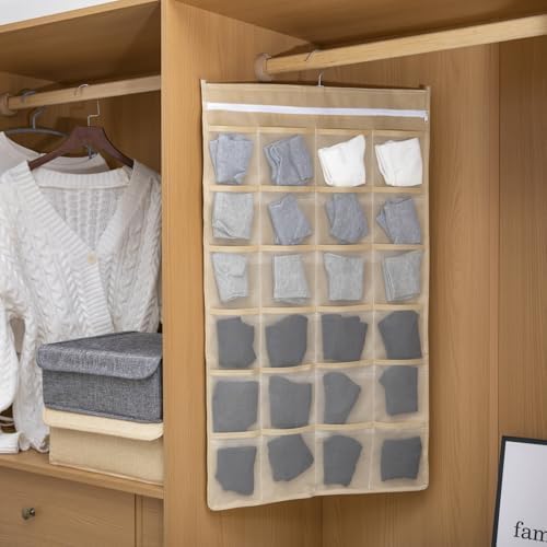 Hanging Fabric Storage Organizer with Multiple Pockets – Space-Saving Closet Storage Solution, Beige 12+24 grid