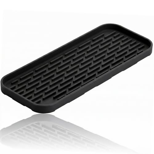 Silicone Organizer Tray, Soap and Sponge Holder for Kitchen Sink, Bathroom - Storage Tray for Dish Brush, Soap Dispenser, Dishwashing Accessories-(Black 1 Pack, 12"x4.7") - color: Black, size: 12"x4.7", 1 Pack