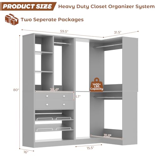 Besiost Closet System with 2 Drawers, 3 Hanging Rods, 59.5" * 31.5" Closet Organizer System with Corner Tower, Reversible L Shaped Walk-in Closet System, Corner Closet System Set of 2, Morandi Grey - color: Morandi Grey, size: 59.5" * 31.5"