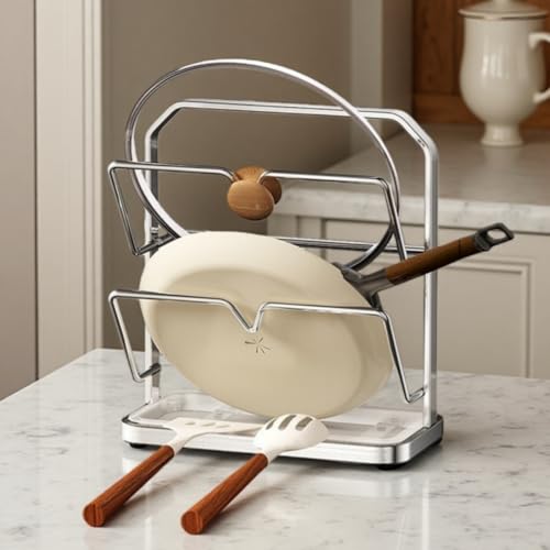 Stainless Steel Pot Lid Rack, Kitchen Pot Lid Storage Organizer, Multi Functional Countertop Spoon Holder While Cooking, Silver, Double-Layer Model