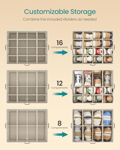 SONGMICS Shoe Organizer for Closet, Shoe Storage Bin, Fits 16 Pairs, Fabric Container with Handles and Clear Cover, Adjustable Dividers, Customizable, Cappuccino Beige ULSP555K01 - color: Cappuccino Beige, size: 1 Pack
