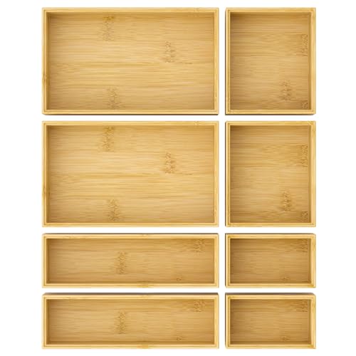 Bathroom Drawer Organizer Trays, Bamboo Silverware Drawer Organizer Kitchen Utensils, 8 PCS Wood Box Stackable Bins for Makeup, Office Desk, Vanity, Junk Drawer - color: Bamboo, size: 8 PCS