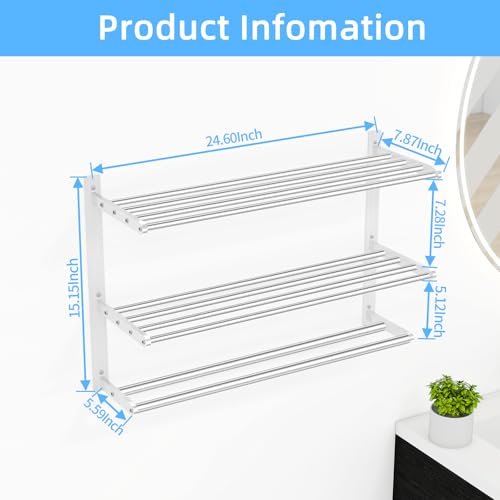 Bathroom Towel Rack 24", 3 Tier Towel Racks for Bathroom Wall Mounted, Bathroom Shelf with Double Towel Bar, Stainless Steel Towel Storage for Bathroom Lavatory Towel Holder Hanger, Brushed Nickel - color: Brushed Nickel, size: 3-Tier