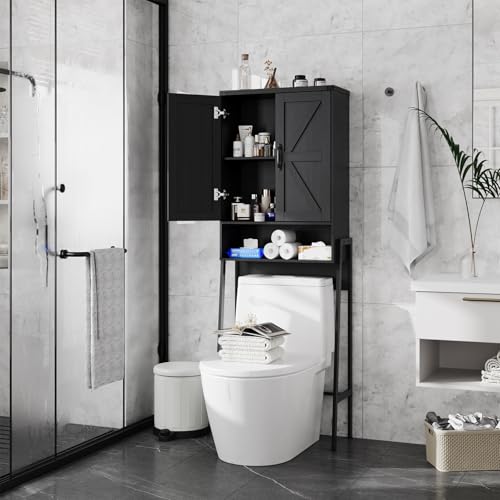 Over The Toilet Storage Cabinet with 2-Door Design Bathroom Organizers and Storage with Anti-Tip Device Over Toilet Organizer with Shelves for Bathroom,Restroom,Laundry Black - color: Black