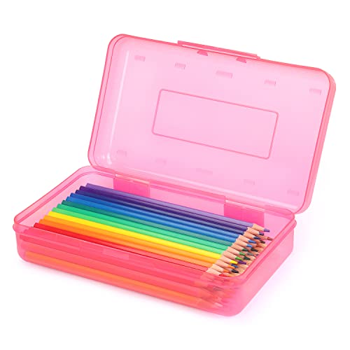 Tamaki 1 Pack Plastic Pencil Box Large Capacity Pencil Boxes Clear Boxes with Snap-tight Lid Stackable Design and Stylish Office Supplies Storage Organizer Box, Pink - color: Pink