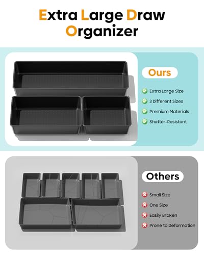 10 Pack Large Size Plastic Drawer Organizers Set, 3 Sizes Desk Drawer Organizer Trays, Storage Bins for Vanity, Makeup, Bathroom, Kitchen Utensils and Office (Black) - color: Black
