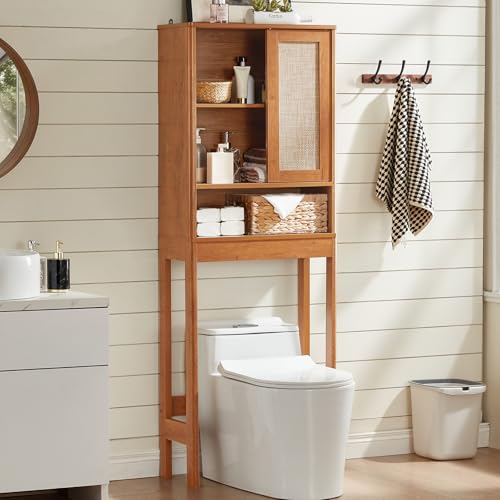 LEYAOYAO Over The Toilet Storage Cabinet with Rattan Sliding Door, 68" Tall Wood Above Toilet Bathroom Organizer w/Adjustable Shelf & Curved Profile, Space Saver Freestanding Washer Shelf - color: Teac, size: 10"D×23.3"W×68"H
