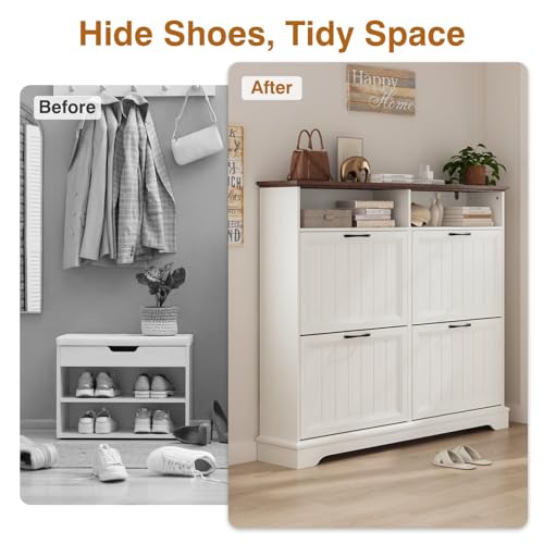 Shoe Storage Cabinet with 4 Flip Drawers, Farmhouse Modern Hidden Shoes Rack Cabinet with Adjustable Shelves & Open Storage, Narrow Slim Shoe Organizer for Front Door Entrance, Entryway, Antique White - color: Antique White, size: 4-Drawers