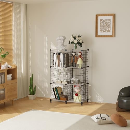 AWTATOS 6 Cube Storage Wire Closet Organizers DIY Stackable Storage Shelves Bookcase Cabinet for Home Office, Black - color: Black+translucent, size: 6 Cube(30x30cm)