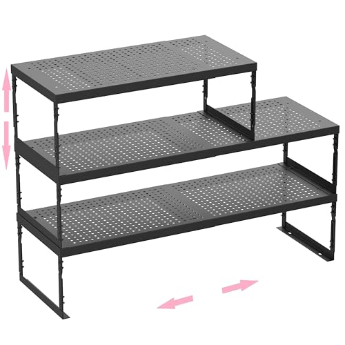 Stackable Expandable Metal Shelf Organizer - Adjustable Wire Storage Rack with Holes for Kitchen, Bathroom, Cabinet, Office - Space Saving, Durable & Sturdy Design（3PACKS/Medium/Black - color: 3packs/Medium/Black, size: Medium