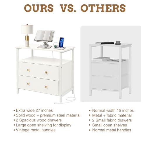 Edbuosy 27 inch Wide Night Stand Set 2 with Charging Station, Bedside Table with Open Shelf, 2 Drawers Small Wood Dresser, Modern Wood Nightstand for Bedroom/Living Room (White) - color: 2 Pack, White, size: 2 Drawers