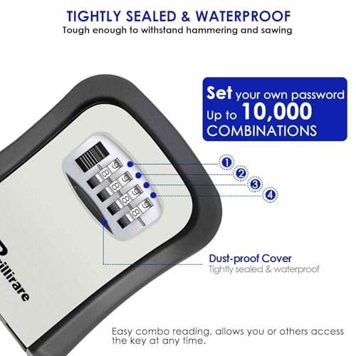 Key Lock Box, Waterproof Combination Lockbox Wall Mount 4 Digits, Resettable Key Hider, Upgraded Large Capacity Password Box for House Keys, Car Keys, ID Cards with Mounting Kit - size: 1 Pack