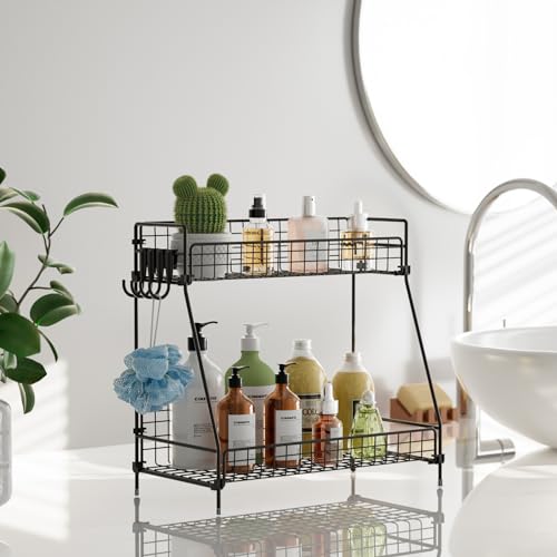 VITVITI 2 Tier Bathroom Organizer Countertop, Metal Wire Bathroom Counter Organizer Storage with Hooks, Vanity Tray Shelf, Kitchen Spice Rack, Black - color: Black Wire