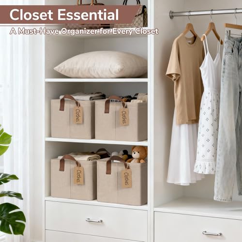 CHICVITA 4 Pack Storage Baskets for Shelves, Foldable Closet Organizer Bins with Handles, Toy Storage Basket for Nursery Living Room, 14.8" x 10.3" x 8.3", Brown - color: Brown, size: 20L (14.8"L x 10.3"W x 8.3"H)