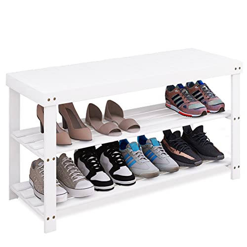 SMIBUY Bamboo Shoe Rack Bench, 3-Tier Shoe Organizer Storage Shelf for Entryway Hallway Bathroom Living Room (White) - color: White, size: 33.86 x 11.23 x 17.9 inches