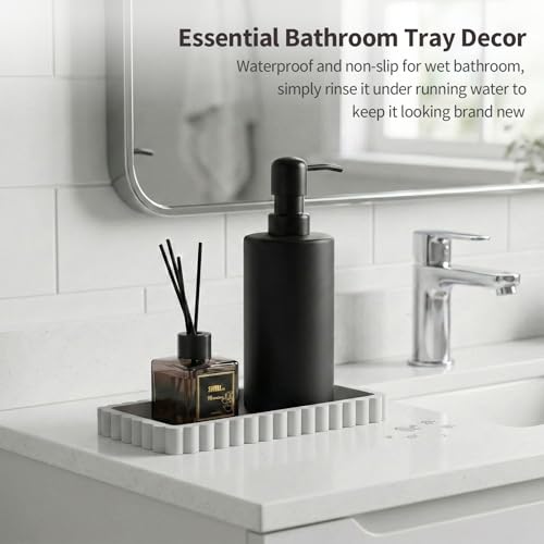 Small Silicone Bathroom Vanity Tray, Sink Caddy for Dish Soap Dispenser, Sponge Holder for Kitchen Sink, Rectangle Bathroom Countertop Organizer for Perfume, Jewelry, Candle (7.9” * 4”, White) - color: White, size: 7.9" x 4" x 0.7"