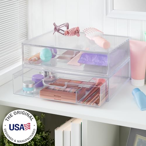 STORi STAX Plastic Stackable Organizer Drawers (Set of 2) Clear | 12.5" Wide | Set Includes One Open Drawer & One Divided Drawer | Organize Office Desk Accessories & Sort Paper | Made in USA - color: Clear, size: Open/Divided 2pk