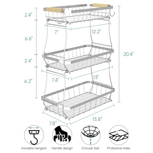 Sevenblue 2 Tier Large Fruit Basket for Kitchen Counter with 2 Mobile Banana Hangers, 2026 Pro Detachable Metal Fruit Bowl with Wooden Handle (Silver, 3 Tier) - color: Silver, size: 3 Tier