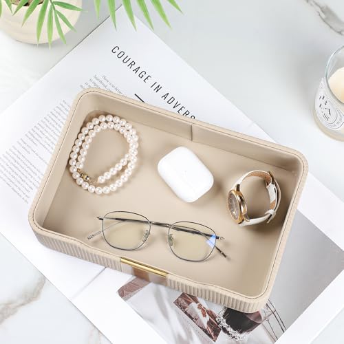 Valet Tray Desktop Storage Organizer, PU Leather Catchall Bedside Vanity Tray with Brass Accents Block Nightstand Organizer for Keys Watch Wallet Phone, Decorative Nightstand Storage (Beige) - color: Beige