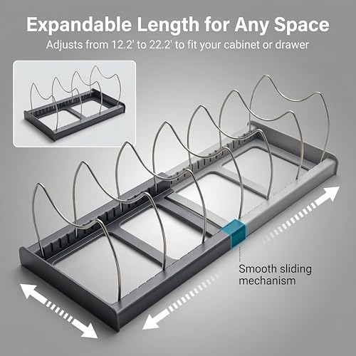 OMIO Expandable Pot Lid Organizer Rack for Under Cabinet, Adjustable 12"-22" Kitchen Storage with 7 Steel Dividers, Scratch-Resistant ABS Base for Pans, Cutting Boards, Bakeware, Grey - color: Deep Grey & Light Gray